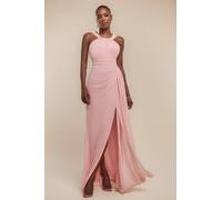 Goddiva Women's Halterneck Thigh Split Chiffon Maxi Dress in Light Pink | Size: 18