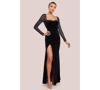 Goddiva Women's Hotfix Diamante Sleeve Front Split Velvet Maxi Dress in Black | Size: 14 Goddiva Black 14