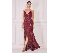 Goddiva Women's Iridescent Sequin Maxi Dress With Front Split in Wine | Size: 8