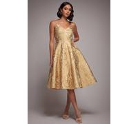 Goddiva Women's Jacquard Sleeveless A line Midi Dress in Gold | Size: 14