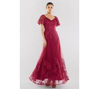 Goddiva Women's Lace Flutter Sleeve Embroidered Mesh A Line Maxi Dress in Burgundy | Size: 8 Goddiva Burgundy 8