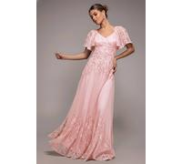 Goddiva Women's Lace Flutter Sleeve Embroidered Mesh A Line Maxi Dress in Pink | Size: 12
