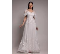 Goddiva Women's Lace Flutter Sleeve Embroidered Mesh A Line Maxi Dress in White | Size: 10