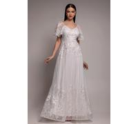 Goddiva Women's Lace Flutter Sleeve Embroidered Mesh A Line Maxi Dress in White | Size: 14 Goddiva White 14