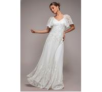 Goddiva Women's Lace Flutter Sleeve Embroidered Mesh A Line Maxi Dress in White | Size: 16 Goddiva White 16