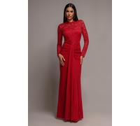 Goddiva Women's Lace High Neck Sheer Bodice Long Sleeve Maxi Dress in Red | Size: 12 Goddiva Red 12