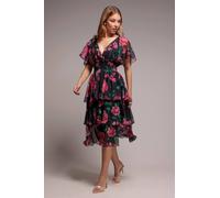 Goddiva Women's Layered Floral Midi Dress With Flutter Sleeves in Black | Size: 12
