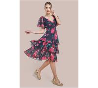 Goddiva Women's Layered Floral Midi With Flutter Sleeves in Black | Size: 12 Goddiva Black 12