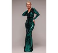 Goddiva Women's Liquid Sequin Corsage Maxi in Emerald | Size: 10 Goddiva Emerald 10