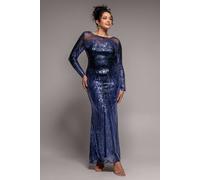 Goddiva Women's Long Sleeve Aztec Sequin Maxi Dress in Navy | Size: 20