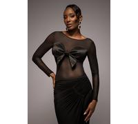 Goddiva Women's Long Sleeve Mesh Sleeveless Taffeta Bow Top in Black | Size: 10