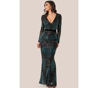 Goddiva Women's Long Sleeve Sequin Evening Maxi Dress in Emerald | Size: 8 Goddiva Emerald 8