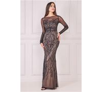 Goddiva Women's Long Sleeve Sequin Flame Maxi Dress in Black | Size: 8 Goddiva Black 8