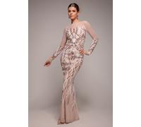 Goddiva Women's Long Sleeve Sequin Flame Maxi Dress in Medium Beige | Size: 8 Goddiva Medium Beige 8