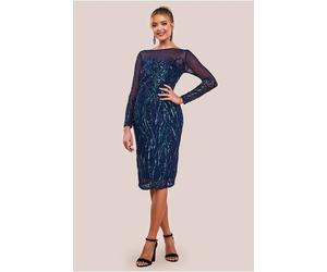 Goddiva Women's Long Sleeve Sequin Flame Midi Dress in Navy | Size: 10