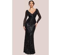 Goddiva Women's Long Sleeve Sequin V Wrap Maxi Dress in Black | Size: 16