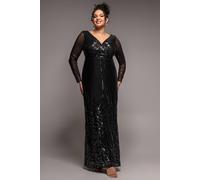 Goddiva Women's Long Sleeve Sequin V Wrap Maxi Dress in Black | Size: 18