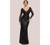 Goddiva Women's Long Sleeve Sequin V Wrap Maxi Dress in Black | Size: 8 Goddiva Black 8