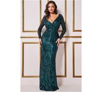 Goddiva Women's Long Sleeve Sequin V Wrap Maxi Dress in Emerald | Size: 10