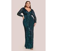 Goddiva Women's Long Sleeve Sequin V Wrap Maxi Dress in Emerald | Size: 24