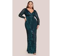 Goddiva Women's Long Sleeve Sequin V Wrap Maxi Dress in Emerald | Size: 26 Goddiva Emerald 26
