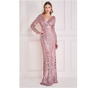 Goddiva Women's Long Sleeve Sequin V Wrap Maxi Dress in Light Beige | Size: 10 Goddiva Light Beige 10
