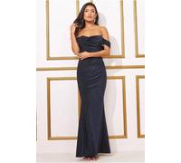 Goddiva Women's Lurex Cowl Neck Off-The Shoulder Maxi in Navy | Size: 8 Goddiva Navy 8