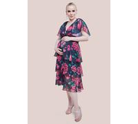 Goddiva Women's Maternity Layered Floral Midi Dress With Flutter Sleeves in Black | Size: 12