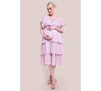 Goddiva Women's Maternity Plain Lurex Chiffon Tiered Midi Dress in Pink | Size: 10 Goddiva Pink 10