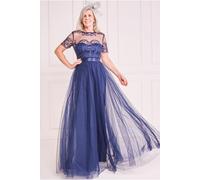 Goddiva Women's Mesh Embroidered Maxi Dress in Navy | Size: 8 Goddiva Navy 8