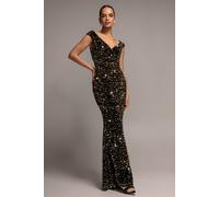 Goddiva Women's Multi Sequin & Velvet Bardot Maxi Dress in Gold | Size: 16
