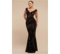 Goddiva Women's Multi Sequin & Velvet Bardot Maxi in Gold | Size: 8 Goddiva Gold 8