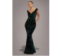 Goddiva Women's Multi Sequin & Velvet Bardot Maxi in Green | Size: 8 Goddiva Green 8