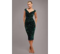 Goddiva Women's Multi Sequin & Velvet Bardot Midi Dress in Emerald | Size: 18