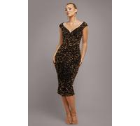 Goddiva Women's Multi Sequin & Velvet Bardot Midi Dress in Gold | Size: 16