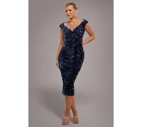 Goddiva Women's Multi Sequin & Velvet Bardot Midi Dress in Navy | Size: 18