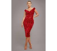 Goddiva Women's Multi Sequin & Velvet Bardot Midi Dress in Red | Size: 18