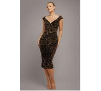 Goddiva Women's Multi Sequin & Velvet Bardot Midi in Gold | Size: 16 Goddiva Gold 16