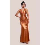 Goddiva Women's Multi Tied Satin Gathered Ring Maxi Dress in Gold | Size: 14 Goddiva Gold 14
