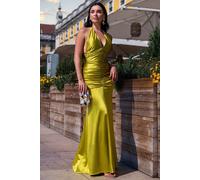 Goddiva Women's Multi Tied Satin Gathered Ring Maxi Dress in Lime | Size: 12 Goddiva Lime 12