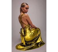 Goddiva Women's Multi Tied Satin Gathered Ring Maxi Dress in Lime | Size: 14