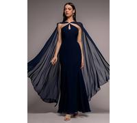 Goddiva Women's Multiway Cape Chiffon With Embellished Trim Maxi Dress in Navy | Size: 18