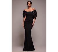 Goddiva Women's Off Shoulder Back Satin Bow Scuba Maxi Dress in Black | Size: 10 Goddiva Black 10
