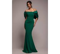 Goddiva Women's Off Shoulder Back Satin Bow Scuba Maxi Dress in Emerald | Size: 10
