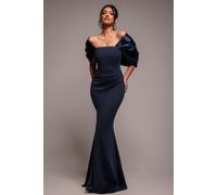 Goddiva Women's Off Shoulder Back Satin Bow Scuba Maxi Dress in Navy | Size: 14 Goddiva Navy 14