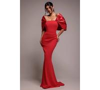 Goddiva Women's Off Shoulder Back Satin Bow Scuba Maxi Dress in Red | Size: 8 Goddiva Red 8