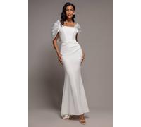 Goddiva Women's Off Shoulder Back Satin Bow Scuba Maxi Dress in White | Size: 14