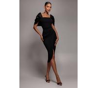 Goddiva Women's Off Shoulder Back Satin Bow Wrap Crepe Midi Dress in Black | Size: 16 Goddiva Black 16