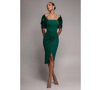 Goddiva Women's Off Shoulder Back Satin Bow Wrap Crepe Midi Dress in Emerald | Size: 14 Goddiva Emerald 14