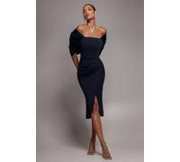 Goddiva Women's Off Shoulder Back Satin Bow Wrap Crepe Midi Dress in Navy | Size: 14